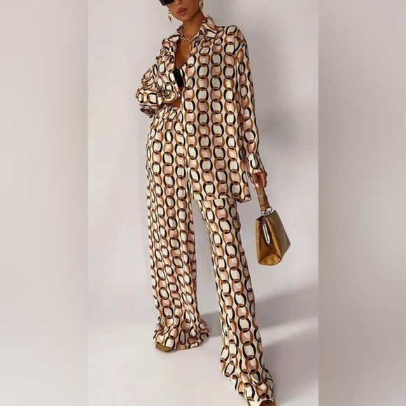 Tops - Elegant Loose Fit Long Sleeve Two-Piece Blouse & Trouser Pants Cord Set